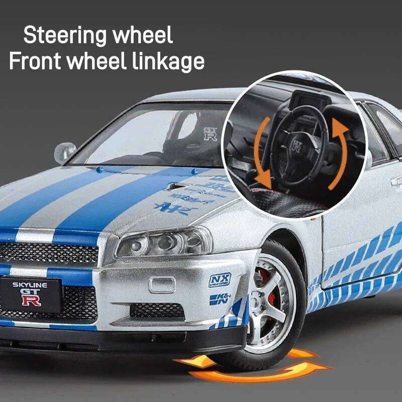 1:24 Scale Car Nissan Skyline GTR-R34 Alloy Vehicle Model Diecast Metal FastFurious Collectible Childrens Birthday Toy Gifts Z260306
