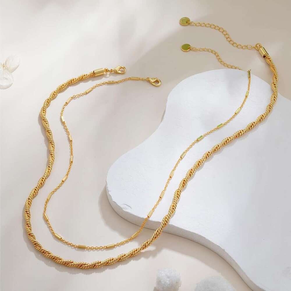 Foreign trade layered gold necklace herringbone paperclip pearl Cuban twisted rope chain choker jewelry gift for women