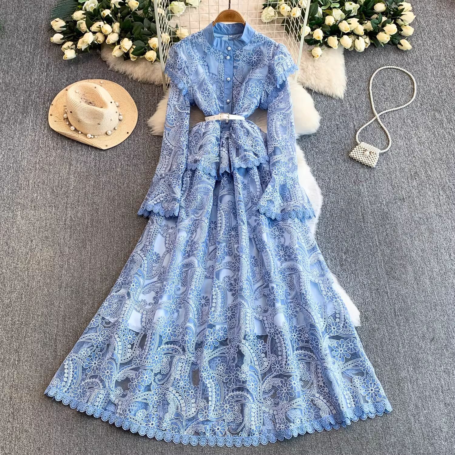 French Style Elegant And Dignified Wedding Dress For Women With High-end Feel Fairy-like Lace Waist-cinching Elegant Bell Sleeves Long Dress