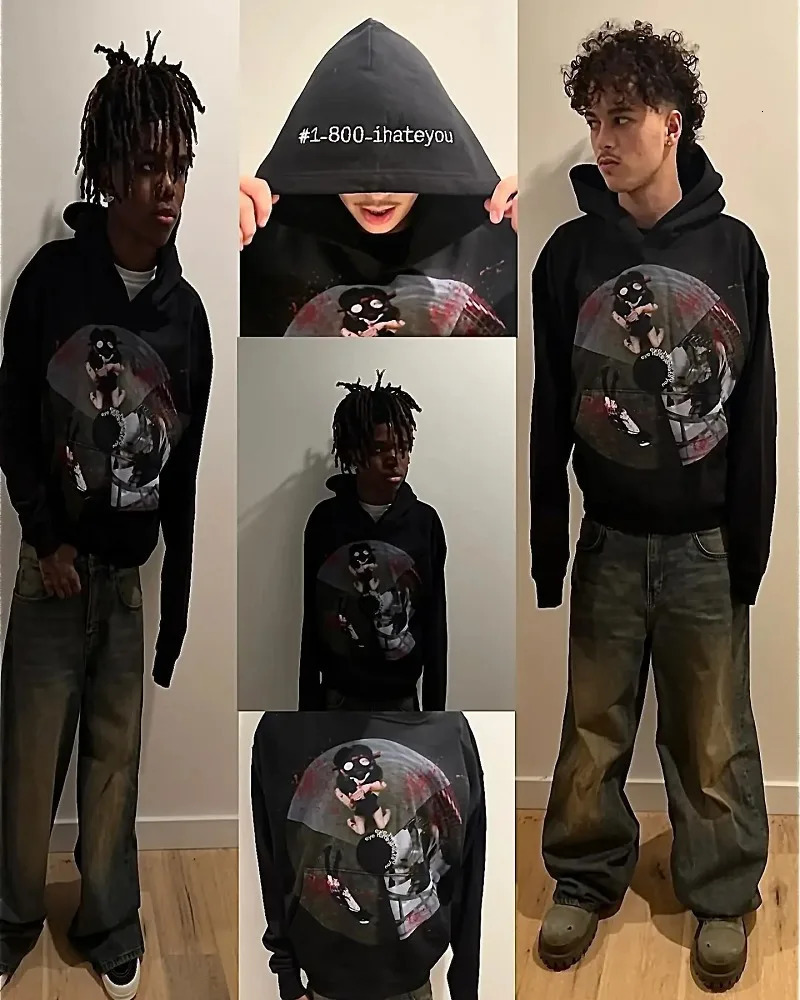 Y2k Streetwear Gothic Cartoon Letter Oversized Hoodie Mens Fashion Harajuku Loose and Versatile Long Sleeve Hoodie 260304