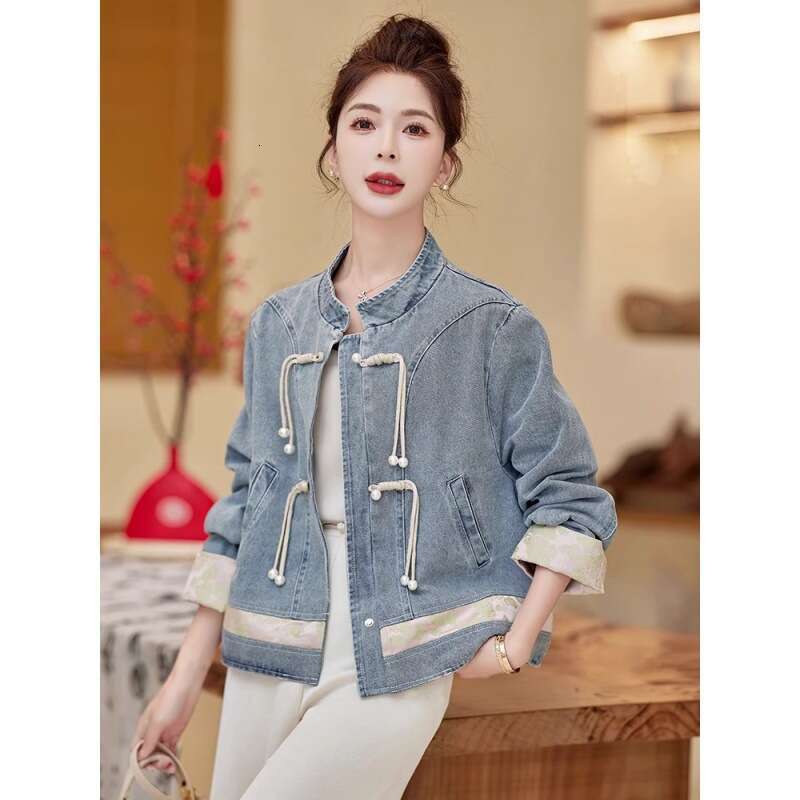 Mardi Hefxessdr Women's Denim Jacket Spring Autumn Small Size Hot Sale Of The Season New Chinese Style National Wind Button Short Top Fashionabl