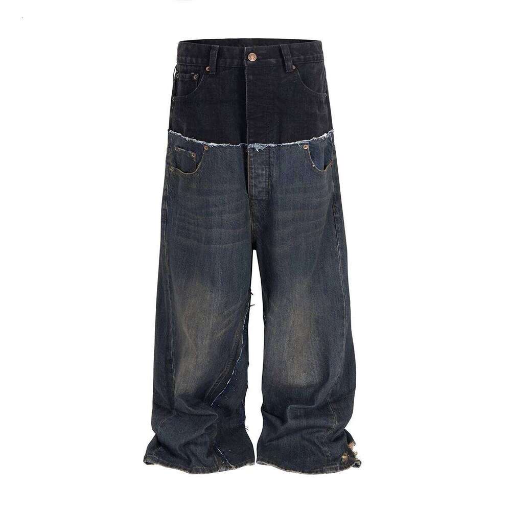 CUT-UP Double-layer Double Waist Patchwork Baggy Jeans for Men and Women Straight Casual Loose Denim Trousers Oversized 26Y0304