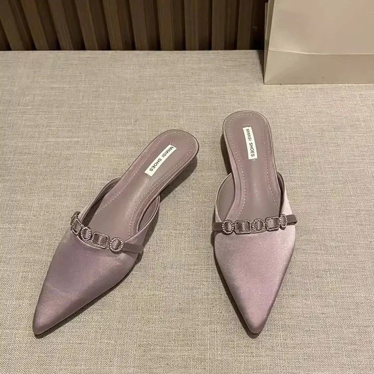 Fashion Rhinestones Ladies Heeled Slippers Sandals Shoes Female Low Heel Slides Slippers Shoes for Women Mules 260303