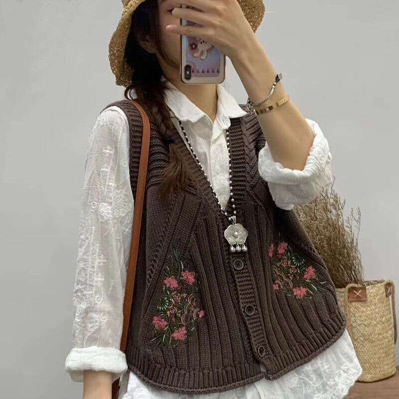 Mardi Hefxessdr Vintage Embroidery Knitted Vests Sleeveless Cardigan Buttons Pockets Spring Autumn Tops Coats Waistcoat Design Trend Vests New