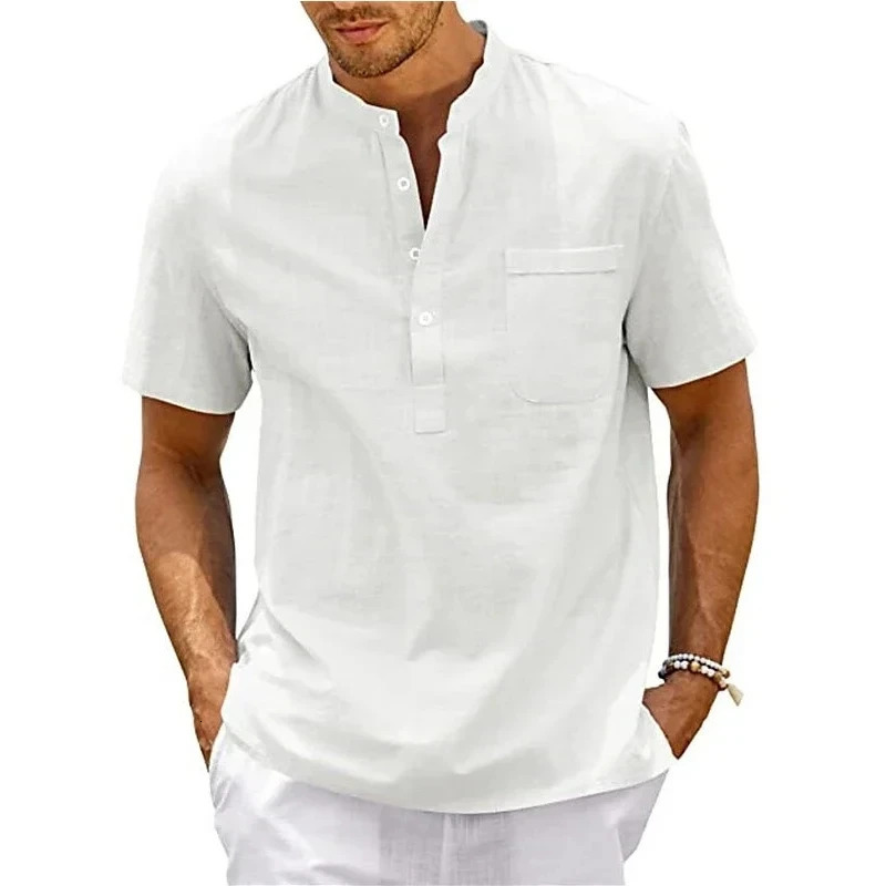 Summer Mens Cotton Short Sleeve Tshirt Solid Color Stand Collar Loose Pullover Shirt Thin Soft Comfortable Button Top 260302
