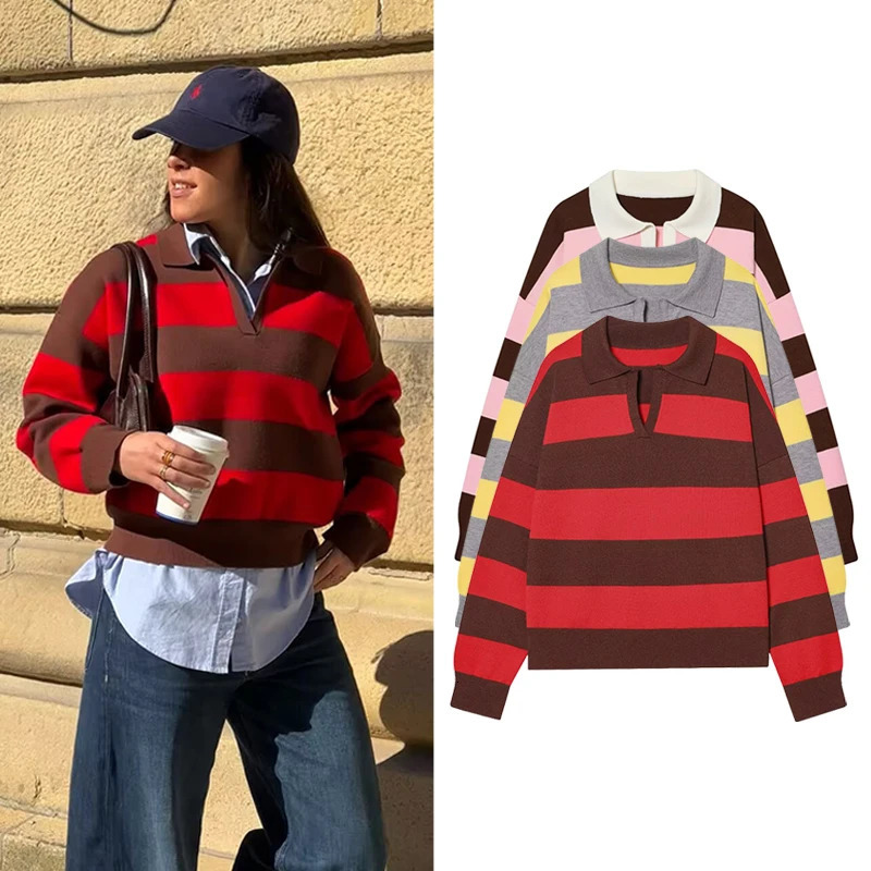 Womens Fashion Striped knitted Sweater Autumn Winter Polo Collar Long Sleeves Pullover Vintage Female Chic Tops 260306
