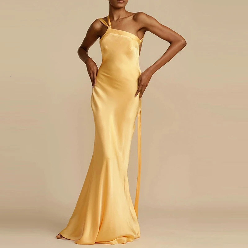 Spring Sexy Inclined Shoulder Party Dress Women High Waist Satin Boho Long Dress Summer Backless Hollow Bandage Maxi Dress 260306