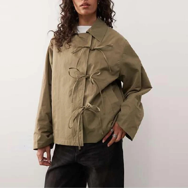 Stylish Cool Jackets Bow Tie Loose Lapel Pocket Coat Casual Vintage Womens Chic Versatile Outerwears Autumn Female Clothing 260306