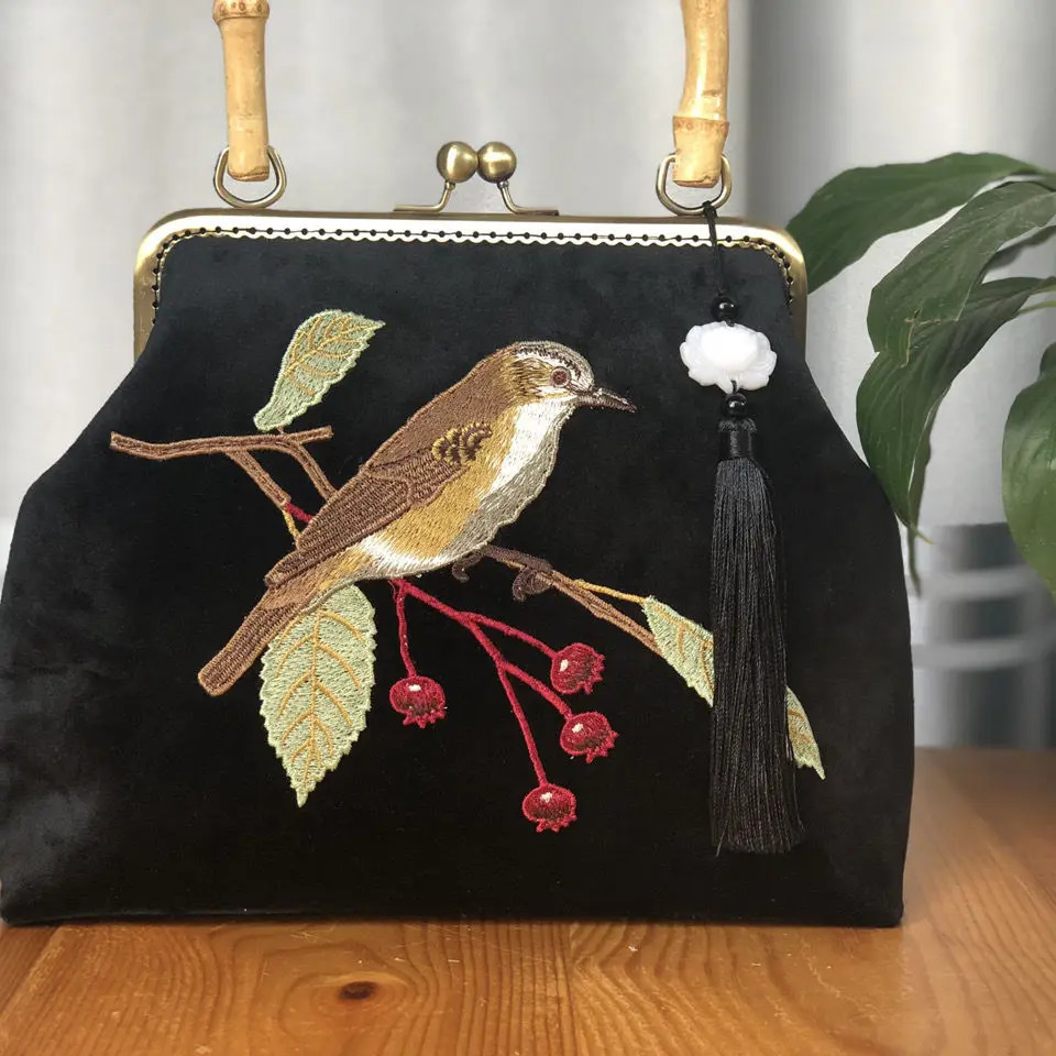 Embroidery Bird Fringe Bag Wood Hand Vintage Fashion Tote Womens Handbags Purses Chain Women Shoulder Crossbody Bags 260307