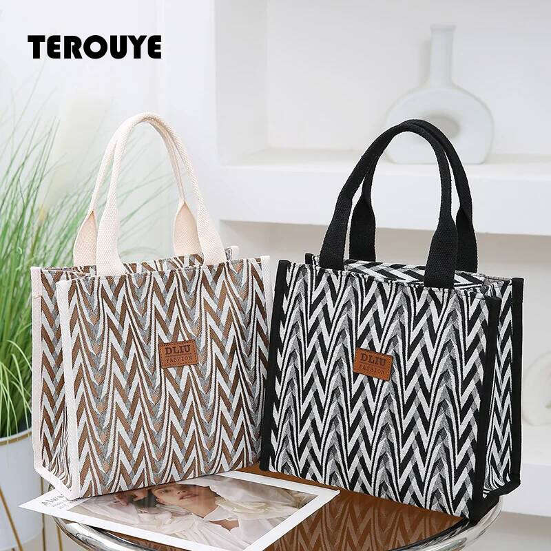 Chevron Pattern Canvas Tote Bag, Retro Letter Patch Decor Handbag, Women's Causal Shopper & Commuter Bag TEROUYE