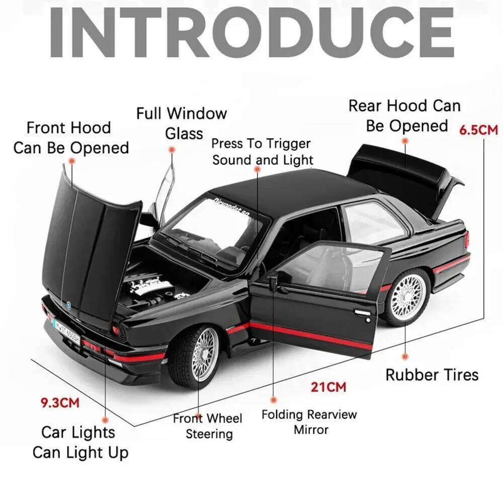 1:24 Alloy Diecast M3 Cars Toys Miniature Models 4 Doors Opened Rubber Tires Toy Car Light Music Vehicles for Toddler Kids Gifts Z260307