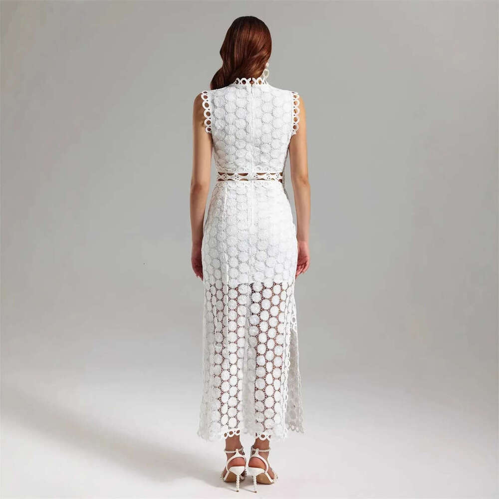 2026 Spring a3 and Summer European and American Vacation Style Sleeveless Hollow Lace Slimming Split Tight Dress for Women