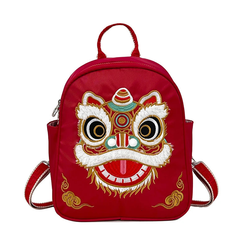 Red Embroidered Lion Dance Large Capaci Double oulder Bag Womens Travel Bapa Autumn Winter Sle Retro Chinese T 260307