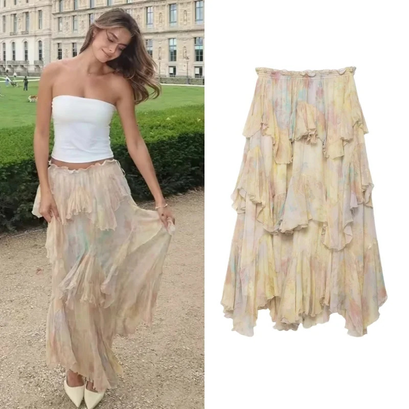 Woman Skirts Features Printed Fabric With Elastic Waistband Mid-Rise Tierred Hem Long Skirts Prairie Chic Casual For Party 260306