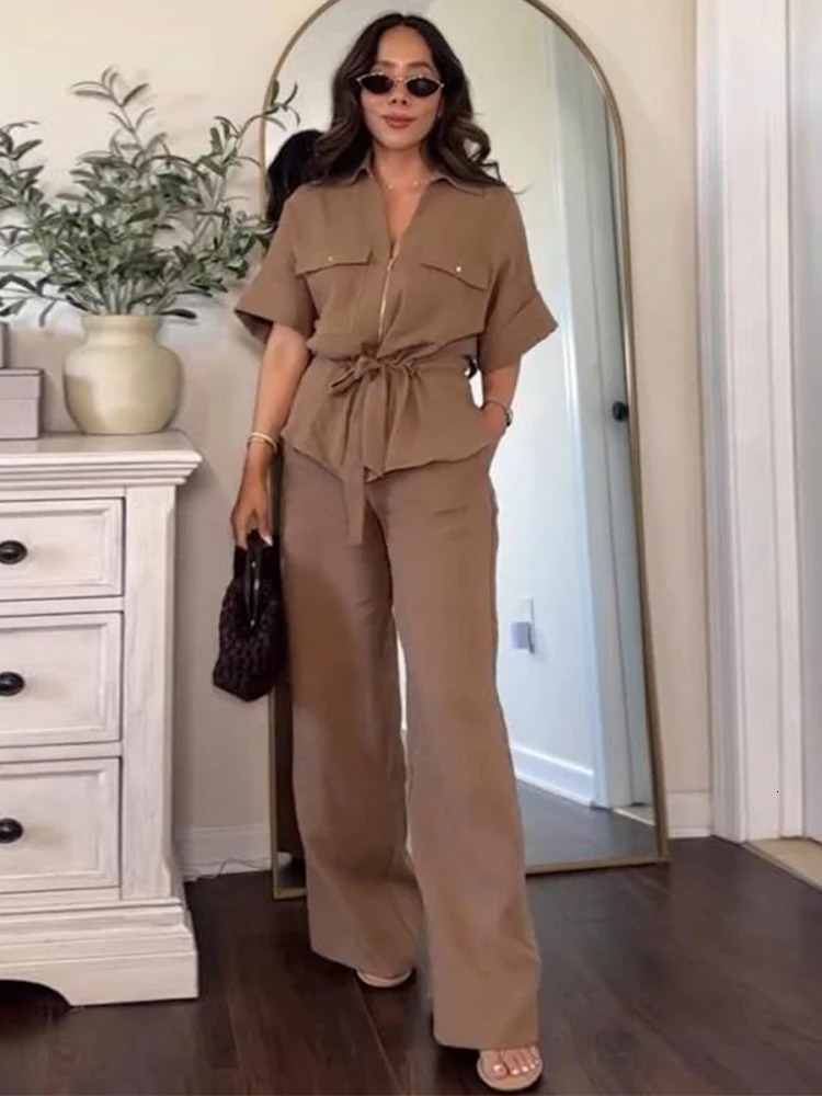 Fashion Solid Cotton Linen Shirt Pants Set Women Casual Half Sleeves Lace Up Top Wide Leg Pants Suit Summer Eleagnt Lady Outfits 260303