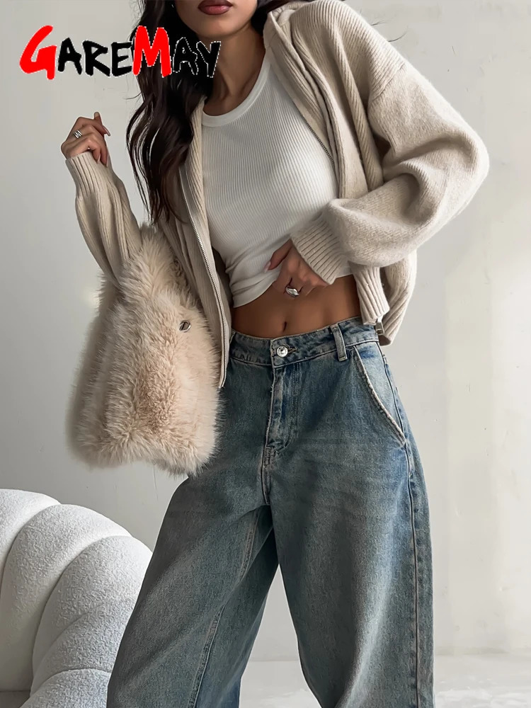 Autumn Knitted Womens Short Cardigan with Zipper Gray Winter Sweater Casual Cute Vintage White Cardigan for Women with Hood 260305