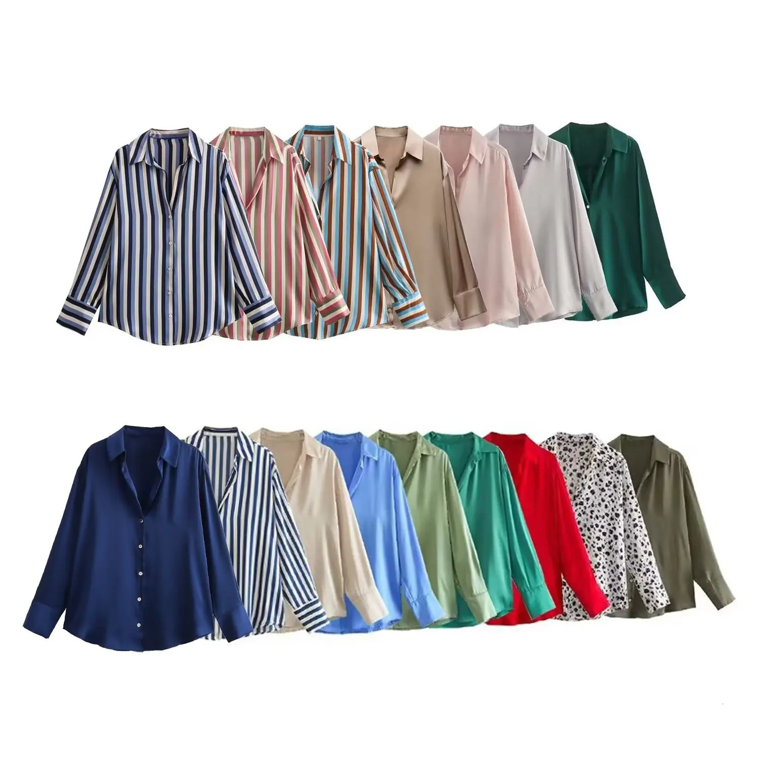 Classic Silk Satin Feel irt Spring Collection Long Sve Polyester Fabric Womens Premium Faion Regular Length 260228