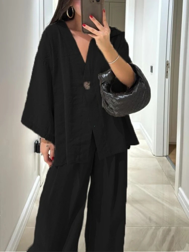Casual Cotton Linen Loose Long Pants Suits Fashion Half Bubble Sleeve V-neck One Button Shirt Sets Lady Summer Street Outfit 260303