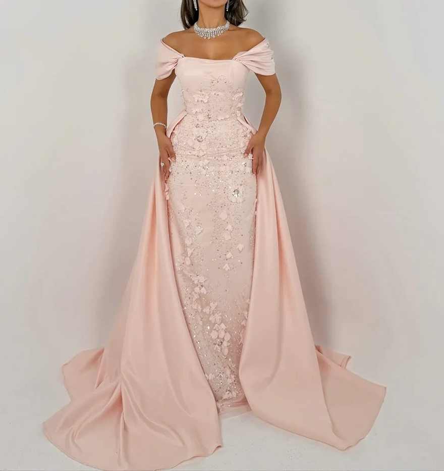 Elegant Light Pink Prom Party Dress 2026 Off the Shoulder 3D Flowers Lace Satin Long Mermaid Evening Birthday Formal Gowns Robe De Soiree Vestidos Fea