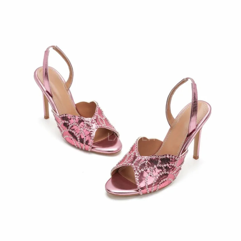 European and American Womens Sexy Sequin Fabric Back Strap Exposed Toe Party Sandals 2026 Summer Versatile Walking Slippers 260303