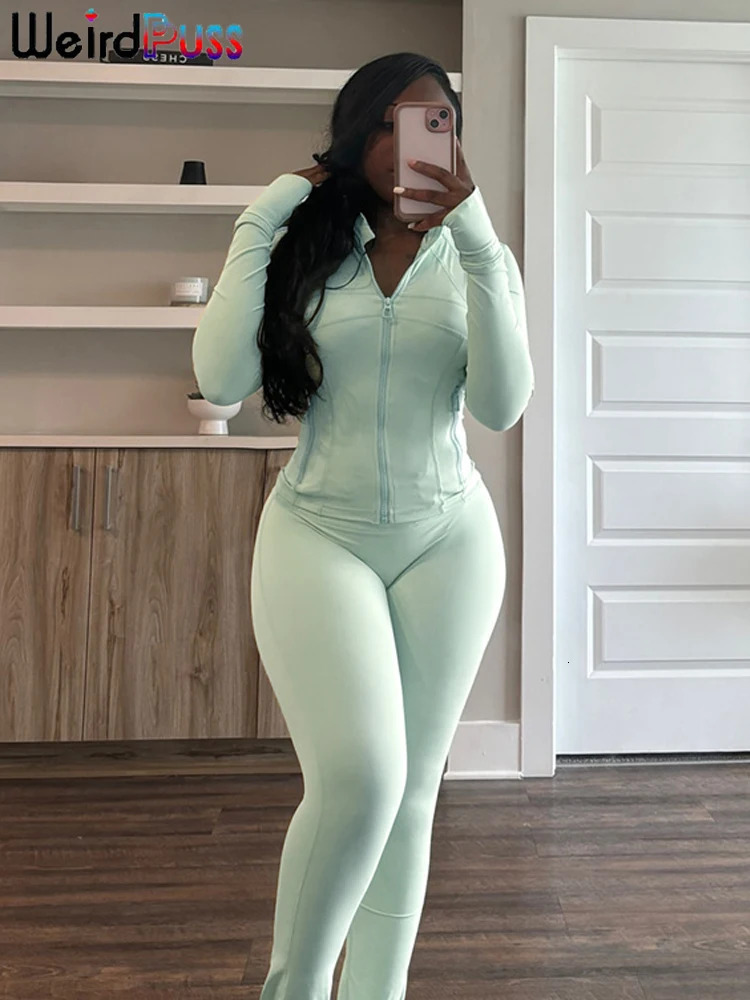Weird Puss Sporty Casual 2 Piece Set Women Hooded Zipper Turtleneck JacketSkinny Straight Pants Matching Trend Workout Suit 260306