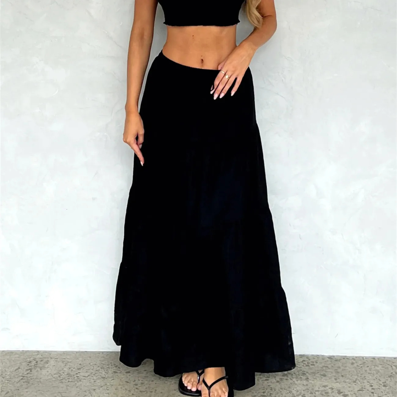Women Boho Long Skirt Y2k Elastic High Waist Ruffle Pleated Swing Maxi Skirt Casual Tiered Prairie Flowy Aline Skirt 260306