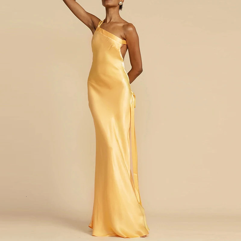 Spring Sexy Inclined Shoulder Party Dress Women High Waist Satin Boho Long Dress Summer Backless Hollow Bandage Maxi Dress 260306