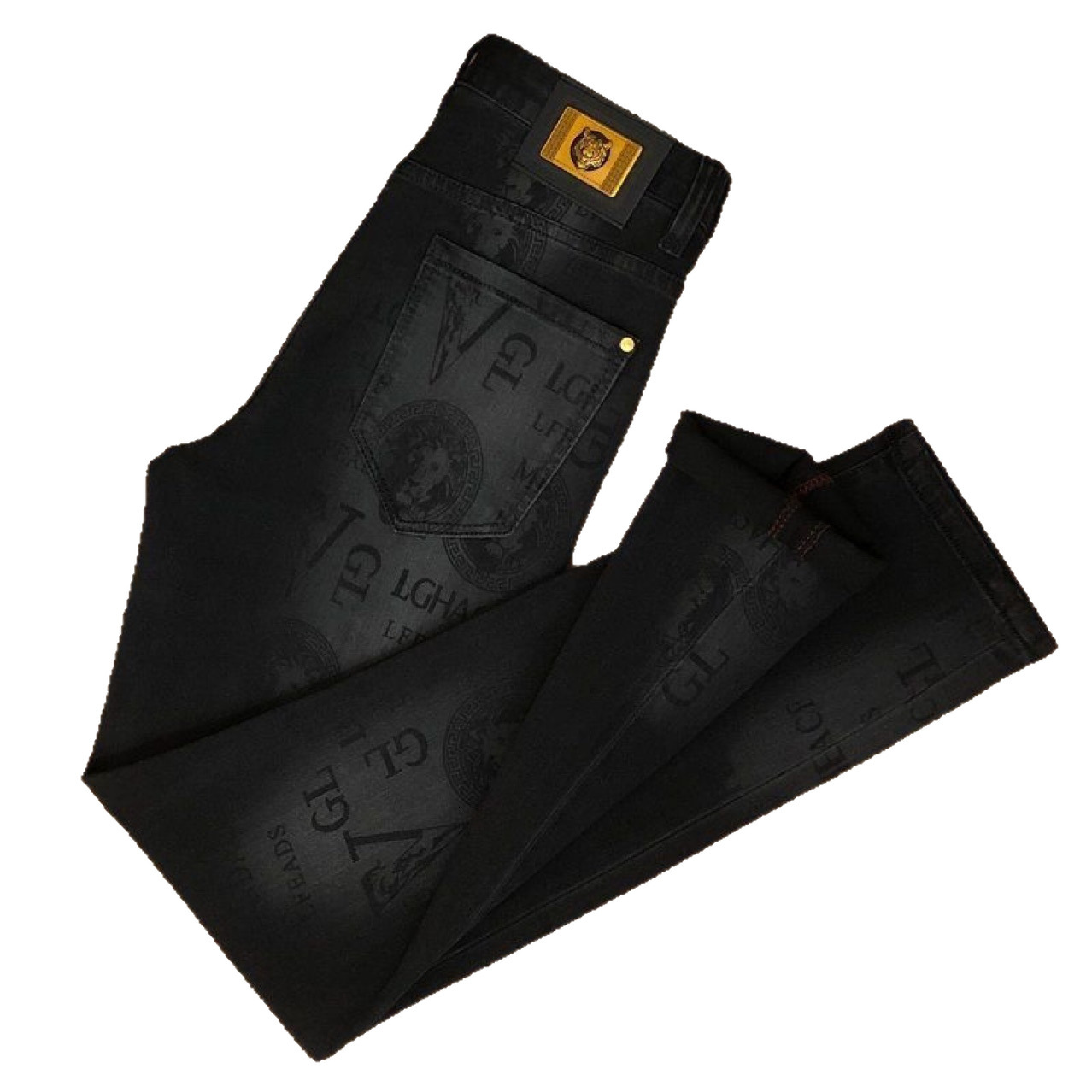 Luxury Designer Clothes European High-End Trendy Brand Korean-Style Men's Slim-Fit Skinny Jeans, Stretchy Casual Versatile Black Printed Trousers
