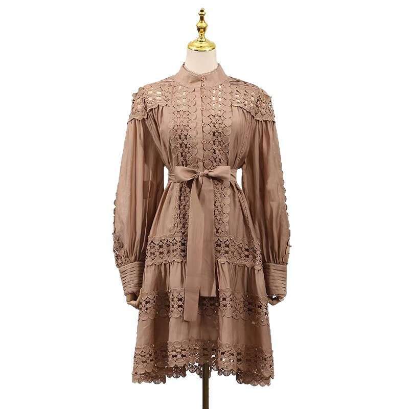 2026 Spring and Autumn Season European and American Niche Lace Hollow Design Loose and Simple Solid Color Shirt Dress