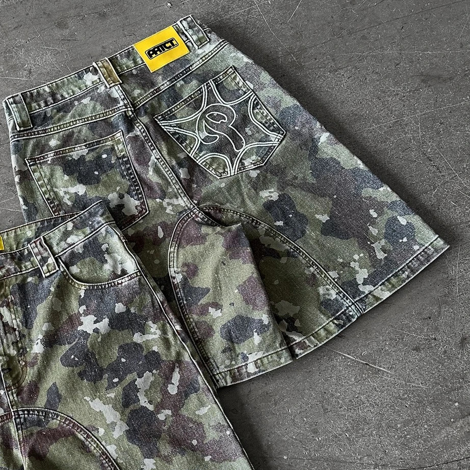 Retro Leaves Camouflage Denim Shorts Y2K Jeans Men Hip Hop Lettering Embroidery Retro Baggy Shorts Low Waist Over The Knee Pants 260306