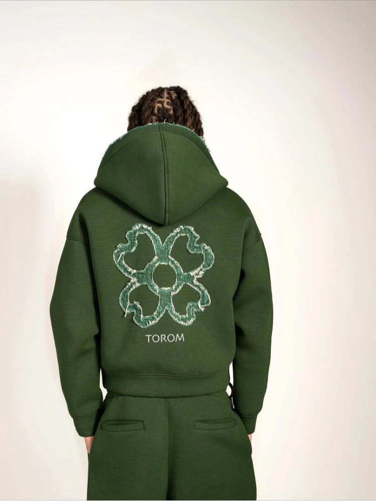2026 fashion olive green embroidered zipper hoodie pants set mens street style fashion loose casual 2-piece sportswear 260228