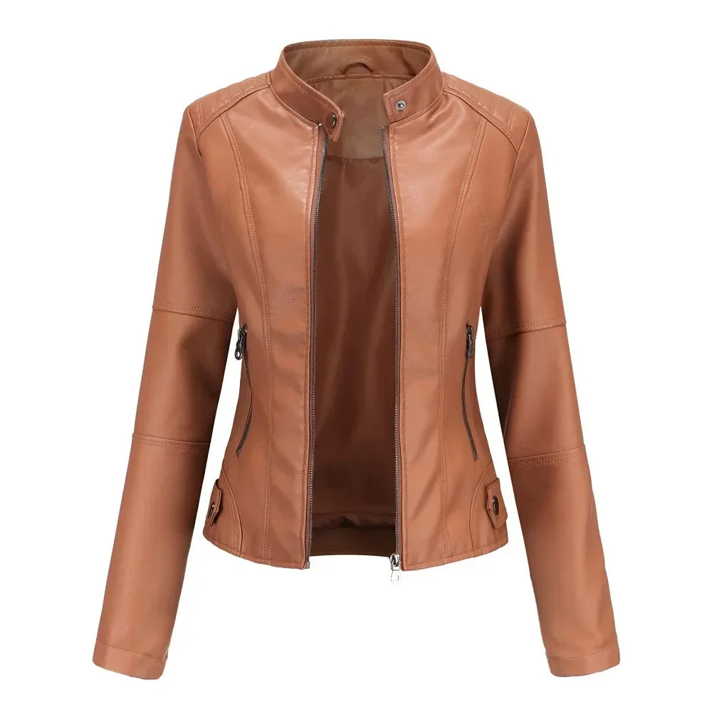 Faux Leather Jacket Women 2026 Moto Biker Zipper Jacket for Women Autumn Spring Coat Red Brown Black Coffee Blue Purple Apricot 260306