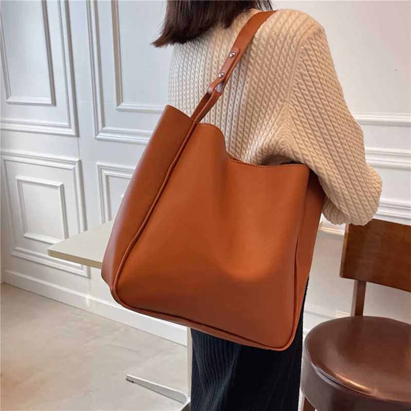 PU Bucket Bag Women Simple Large Capacity Tote Handbag Shoulder Bags For Ladies All-Purpose Shopping Female H260306