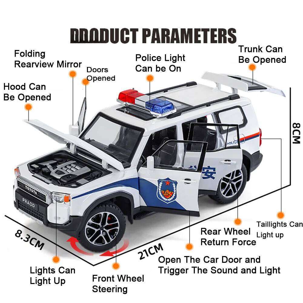 1:24 TANK 300 Prado LC250 Alloy Police Car Diecast Models Toys Doors Opened with Sound Light Pull Back Vehices Boy Holiday Gifts Z260306