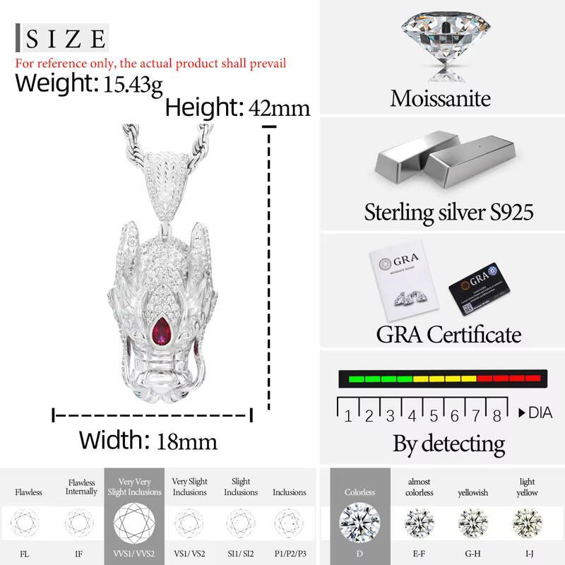 New Hip Hop 18K Gold Plated 925 Sterling Silver Moissanite Iced Out Animal Jewelry Dragon Pendant Necklaces for Women Men