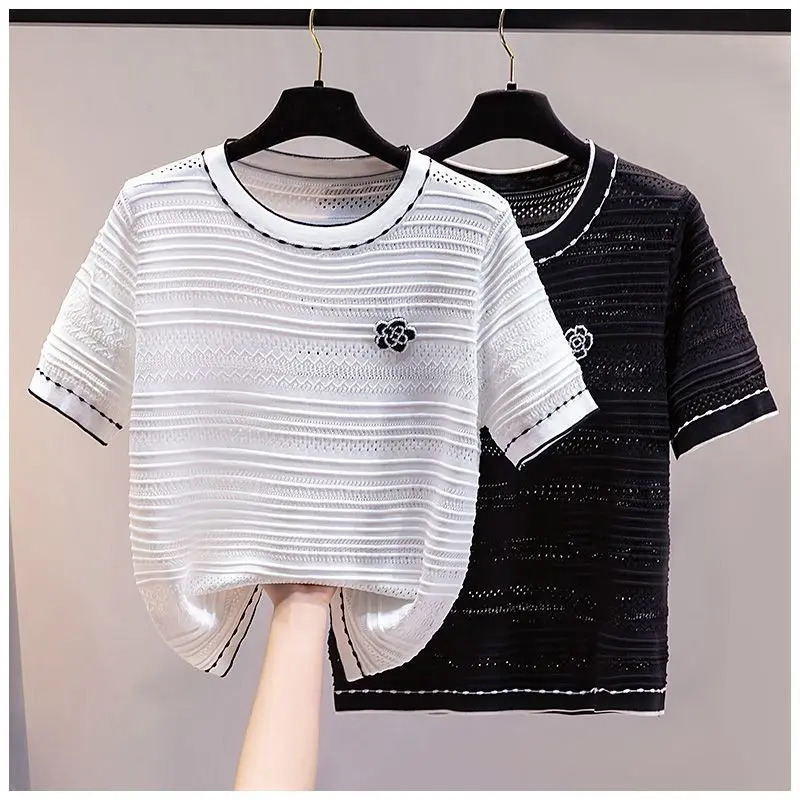 Ice Silk Knitted T Shirt Women Summer Flower Embroidery Diamond y ner Clothes Korean Fashion Casual Tshirt Short Tops 260306