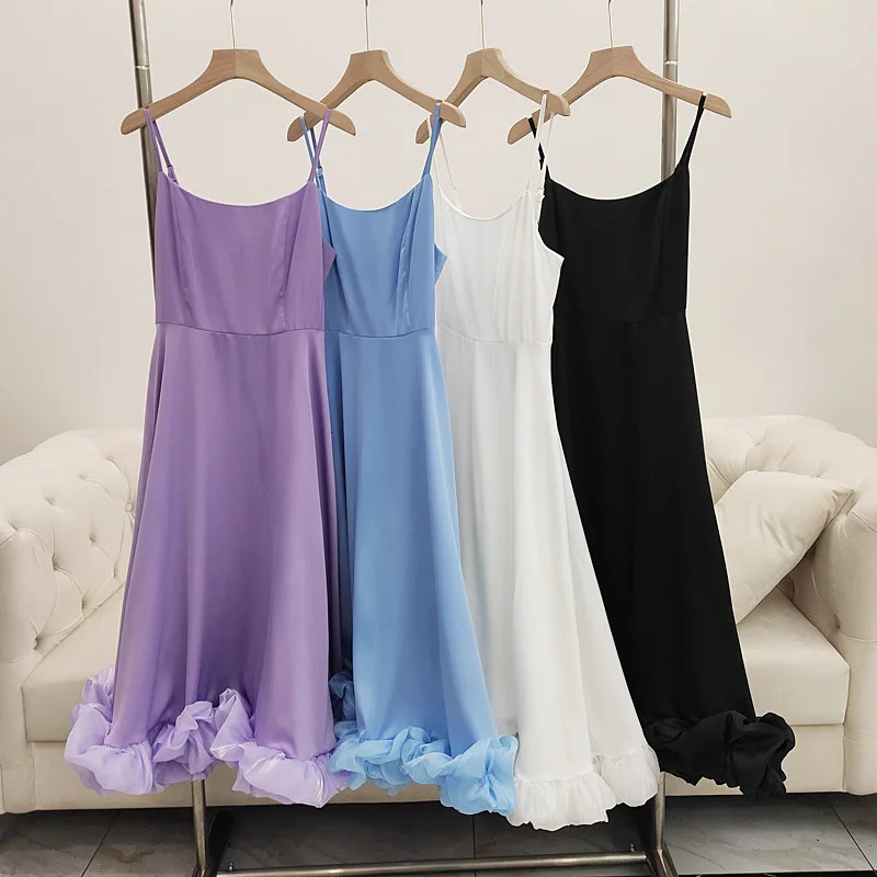 Elegant Ruffle Solid Sling Long Dress Women Strap Waist Party Dresses Fashion Sleeveless Backless Beach Swing skirt Aline tutu 260306