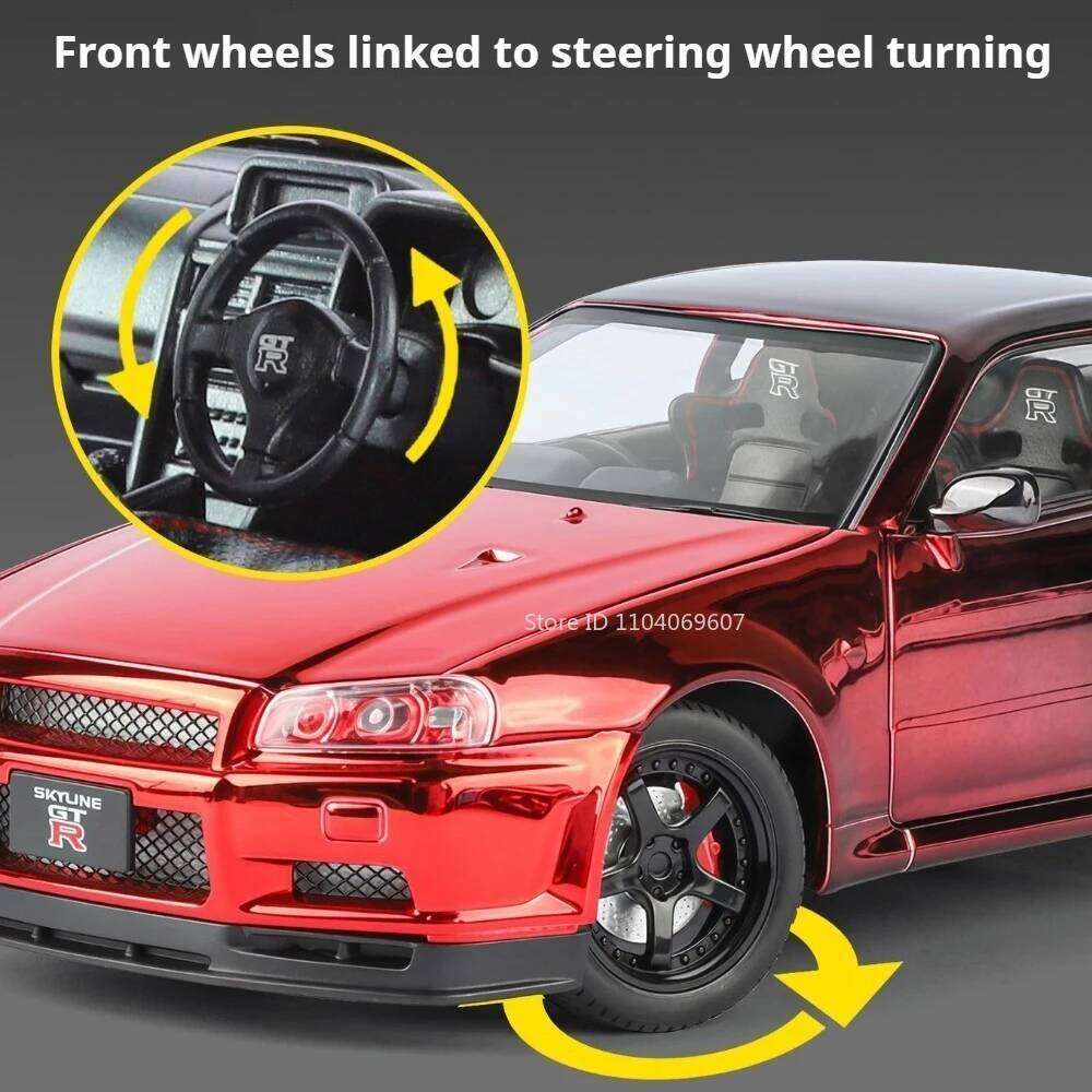 1:24 GTR-R34 Alloy Car Diecast Model Toys Front Wheel Steering with Sound Light Pull Back Miniature Vehices Kids Christmas Gifts Z260307
