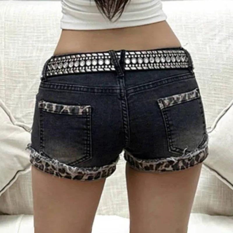 Harajuku Vintage Denim Y2K Shorts Women Grunge Coquette Low Rise Skinny jean Shorts Woman Sexy Leopard Print Mini Short Pants 260306