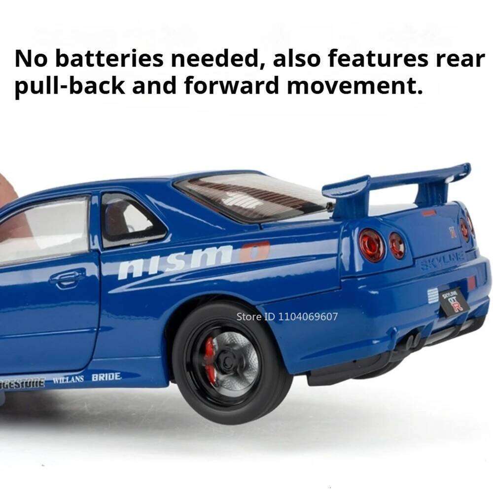 1:24 Scale GTR R34 SKYLINE Car Toys Diecast Alloy Model Front Wheel Steering with Sound Light Pull Back Vehcie Fashion Ornaments Z260307
