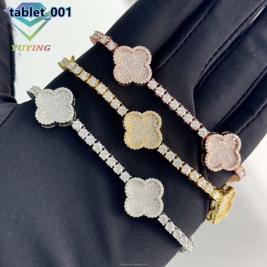 Clover Bracelet S925 Silver Moissanite Hip Hop Jewelry Cuban Iced Out Bracelet 3mm 4mm Moissanite Four Leaf Clover Bracelet