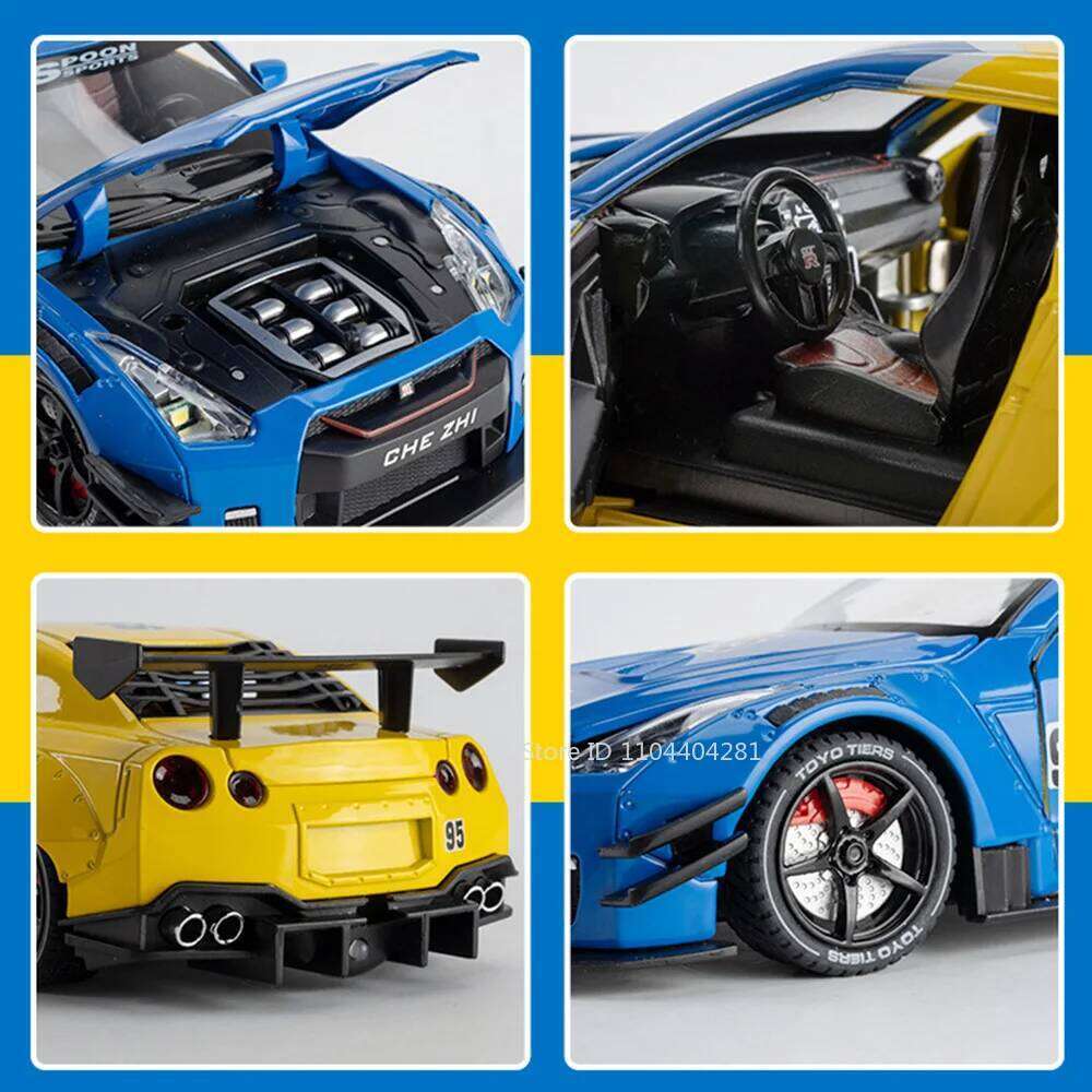 1:24 GTR Alloy Car Toys Diecast Model Spray Version Front Wheel Steering Doors Openend Sound Light Pull Back Vehice Holiday Gift Z260306