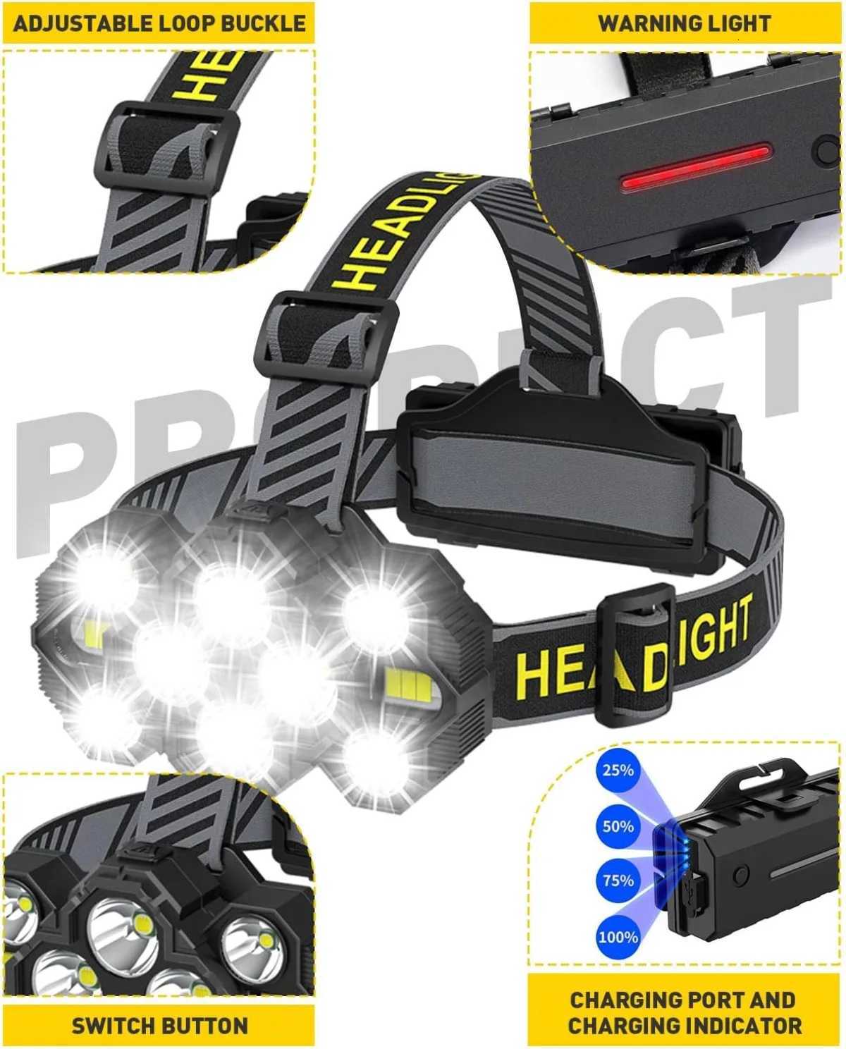 Rechargeable 10 LED Headlamp Flashlight with White Red Lights Head Lamp Light Outdoor Camping Cycling Running Fishing Headlight H260307