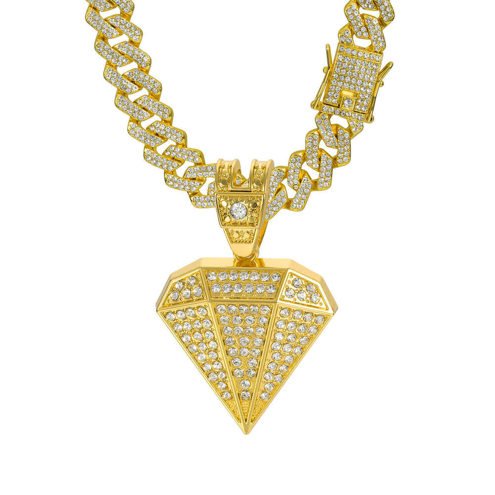 New cross-border European and American hip-hop style large diamond pendant, zinc alloy full-diamond rhombus-shaped Cuban chain, high quality at factor
