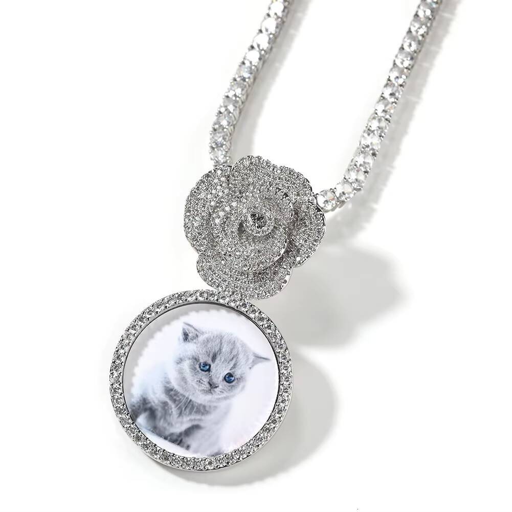 Personalized Round Shape Photo Pendant Rose Flower Hook Circle Picture Memory Necklace