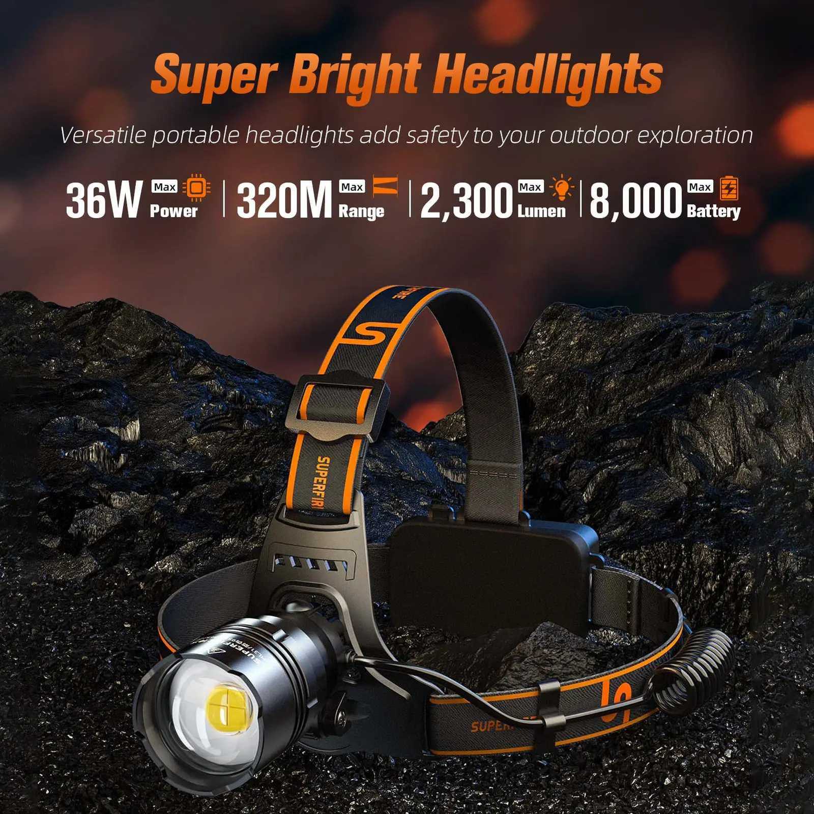 SUPERFIRE HL31 36W Powerful LED Headlamp Rechargeable Telescopic Zoomable Headlight XHP90 Lamp Beads Waterproof Fishing Light H260307