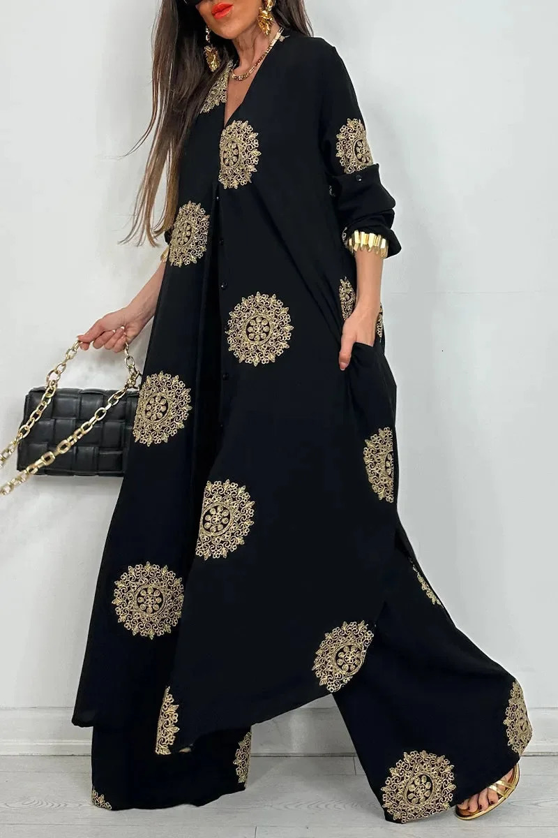 Womens Loose Long Vintage Printed Robe Set Spring Summer Casual Button Shirt Blouses Wide Legs Pants Oversized Twopiece Outfit 260306