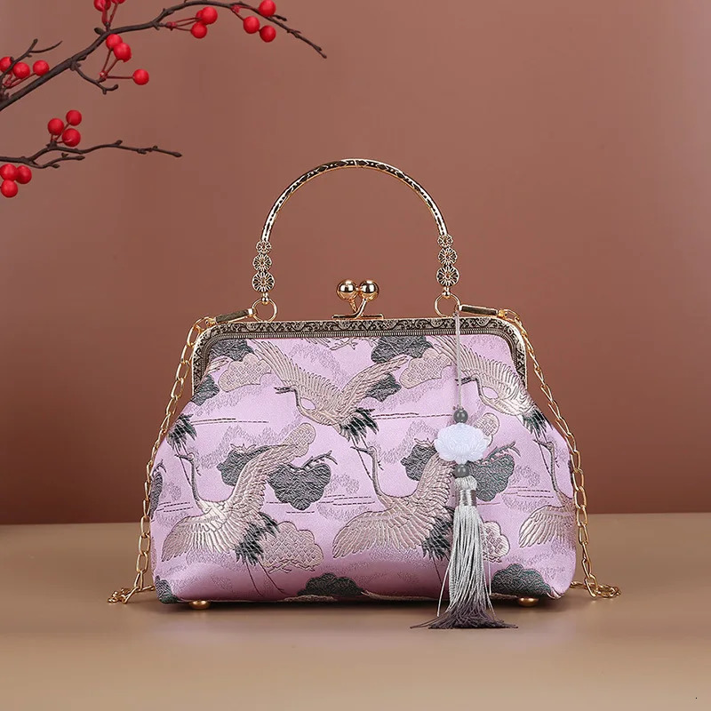 Chinese Style Crane Print Tassel Dinner Evening Bag For Women Fashion Metal Handle Handbag Chain Shoulder Party Small Clutch 260307
