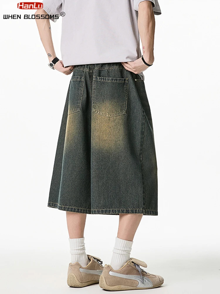Summer Mens Wide Leg Jeans Shorts Vintage Distressed Wash Y2K Straight Elastic Waist Loose Casual Relaxed Fit 260306