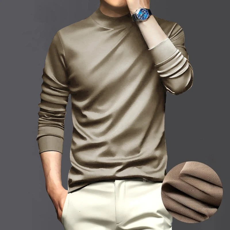 Mens High Neck Liquid Ammonia Mercerized Cotton Long Sleeve T-Shirt - Anti-Static Silky Sheen 260304